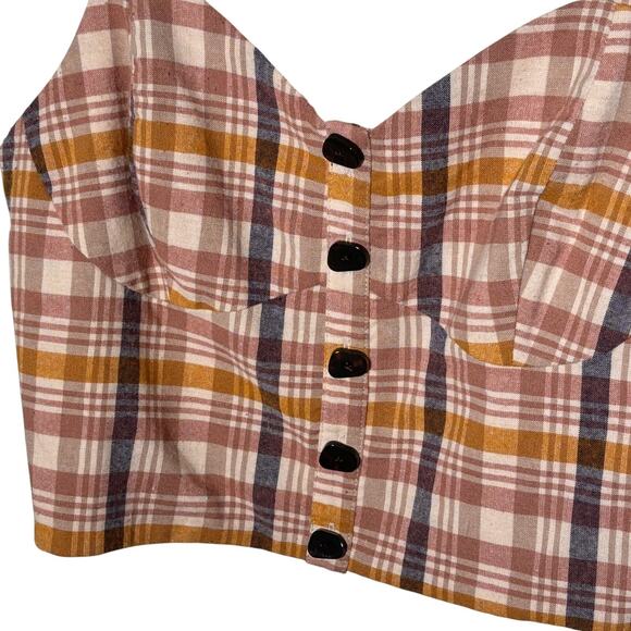 Zara Plaid Size Large Neutral Cropped Smocked Summer Vacation Retro Faux Buttons - Picture 4 of 7